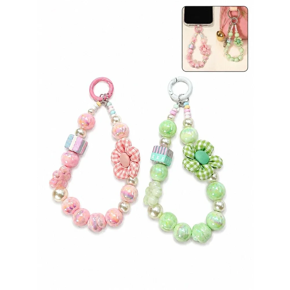 Set of 2 Beaded Phone Charms cute key purse charms  Pink Green Gingham Flower